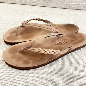 Rainbow Flirty Tan Leather Braided Flip Flops, Very Good Condition!, Ladies 11